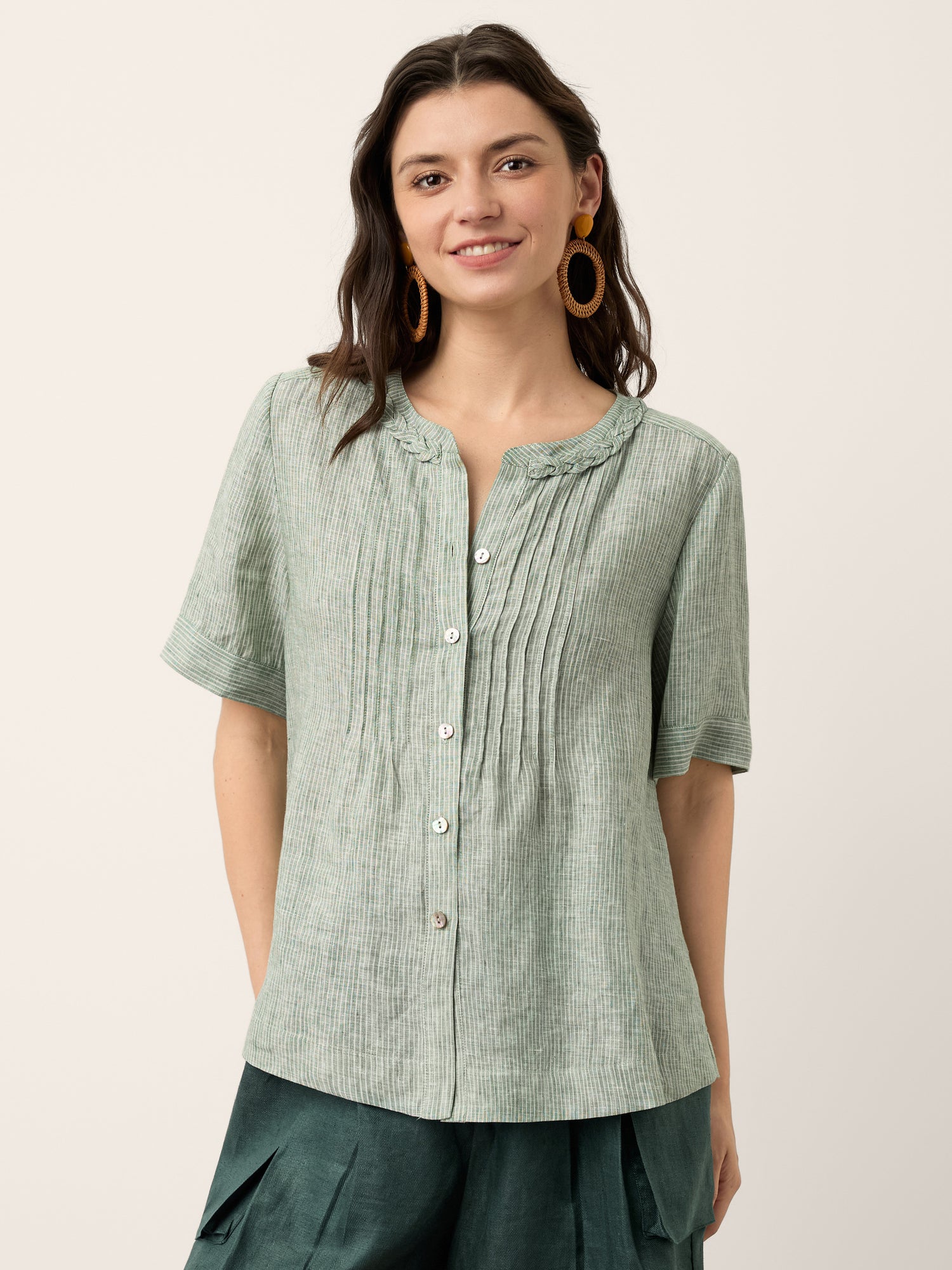 100% Linen Striped Braided Neck Shell Button Top ARDEN by LINTICO for women