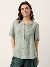 100% Linen Striped Braided Neck Shell Button Top ARDEN by LINTICO for women