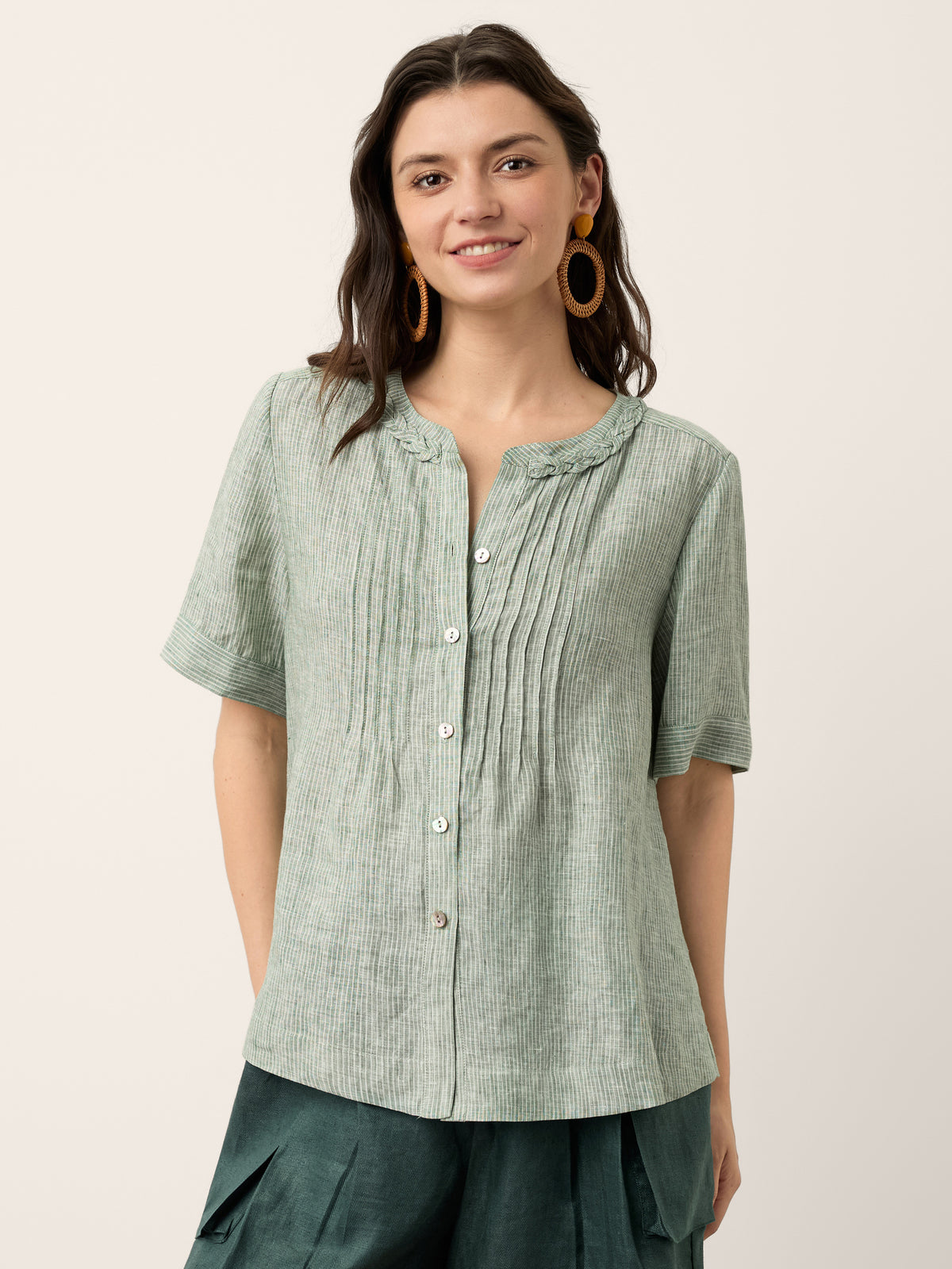 100% Linen Striped Braided Neck Shell Button Top ARDEN