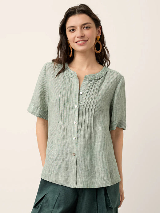 100% Linen Striped Braided Neck Shell Button Top ARDEN