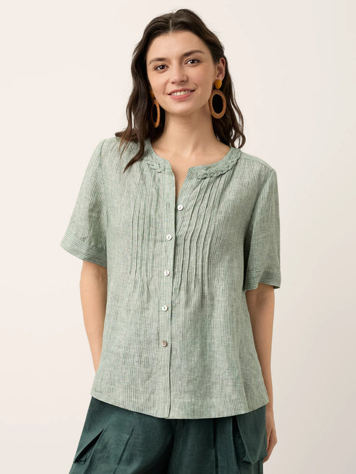 100% Linen Striped Braided Neck Shell Button Top ARDEN