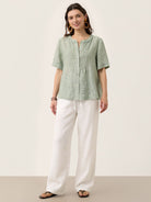 100% Linen Striped Braided Neck Shell Button Top ARDEN by LINTICO for women