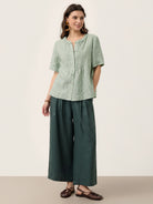 100% Linen Striped Braided Neck Shell Button Top ARDEN by LINTICO for women
