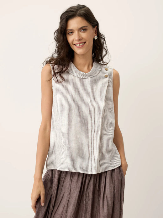 100% Linen Striped Diagonal Pleat Mock Neck Top ESTHER