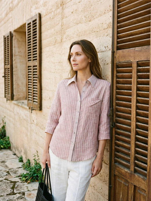 100% Linen Striped Roll Tab Three-Quarter-Sleeve Shirt MELORA