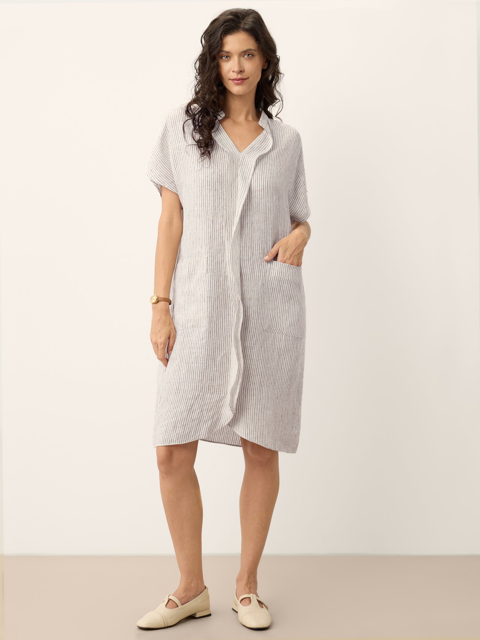 100% Linen Striped Ruffle Placket Shirt Dress GLORIA, Mono Stripe / L
