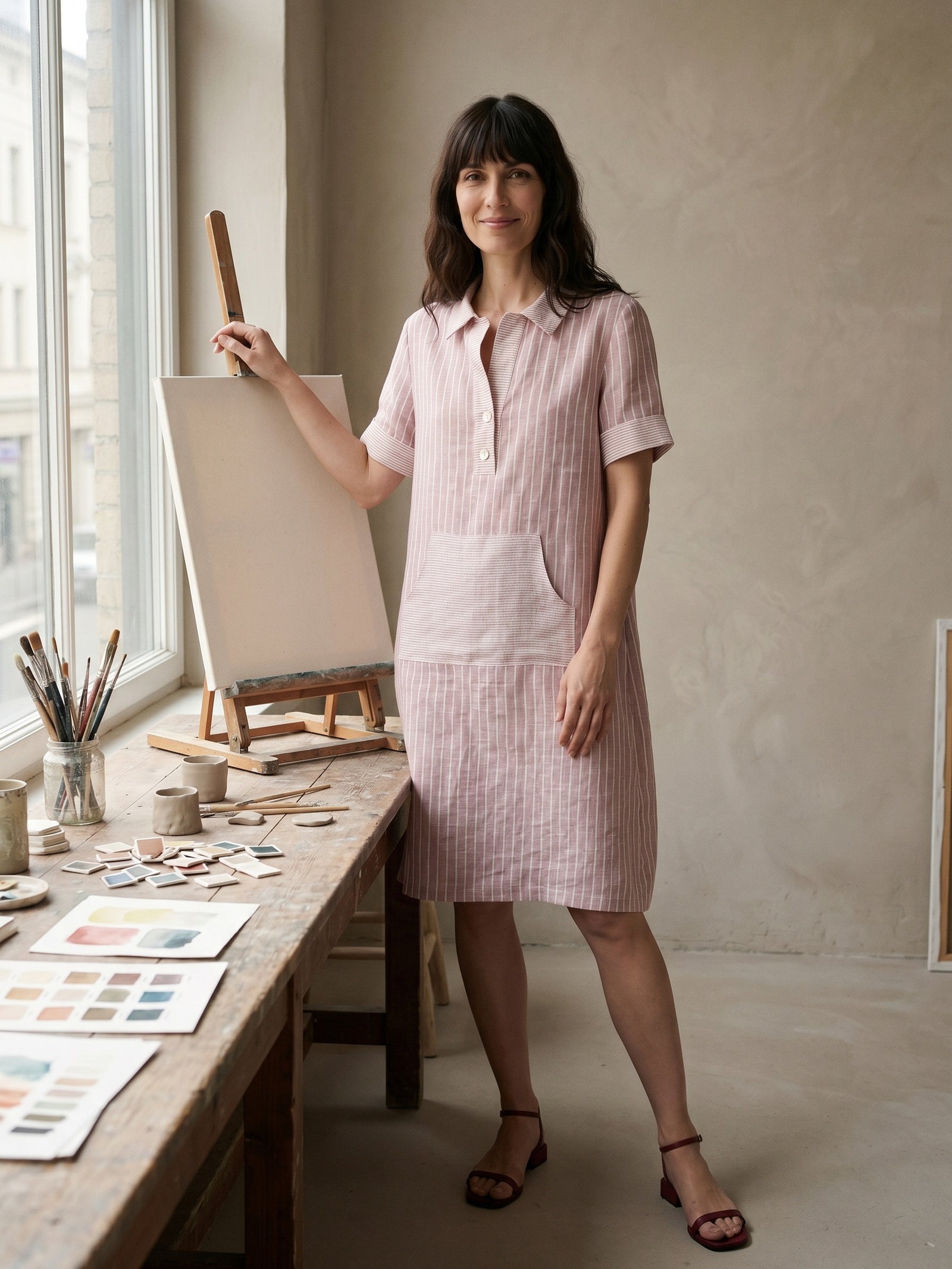 100% Linen Striped Shirt Collar Midi Shirt Dress NOELLE by LINTICO