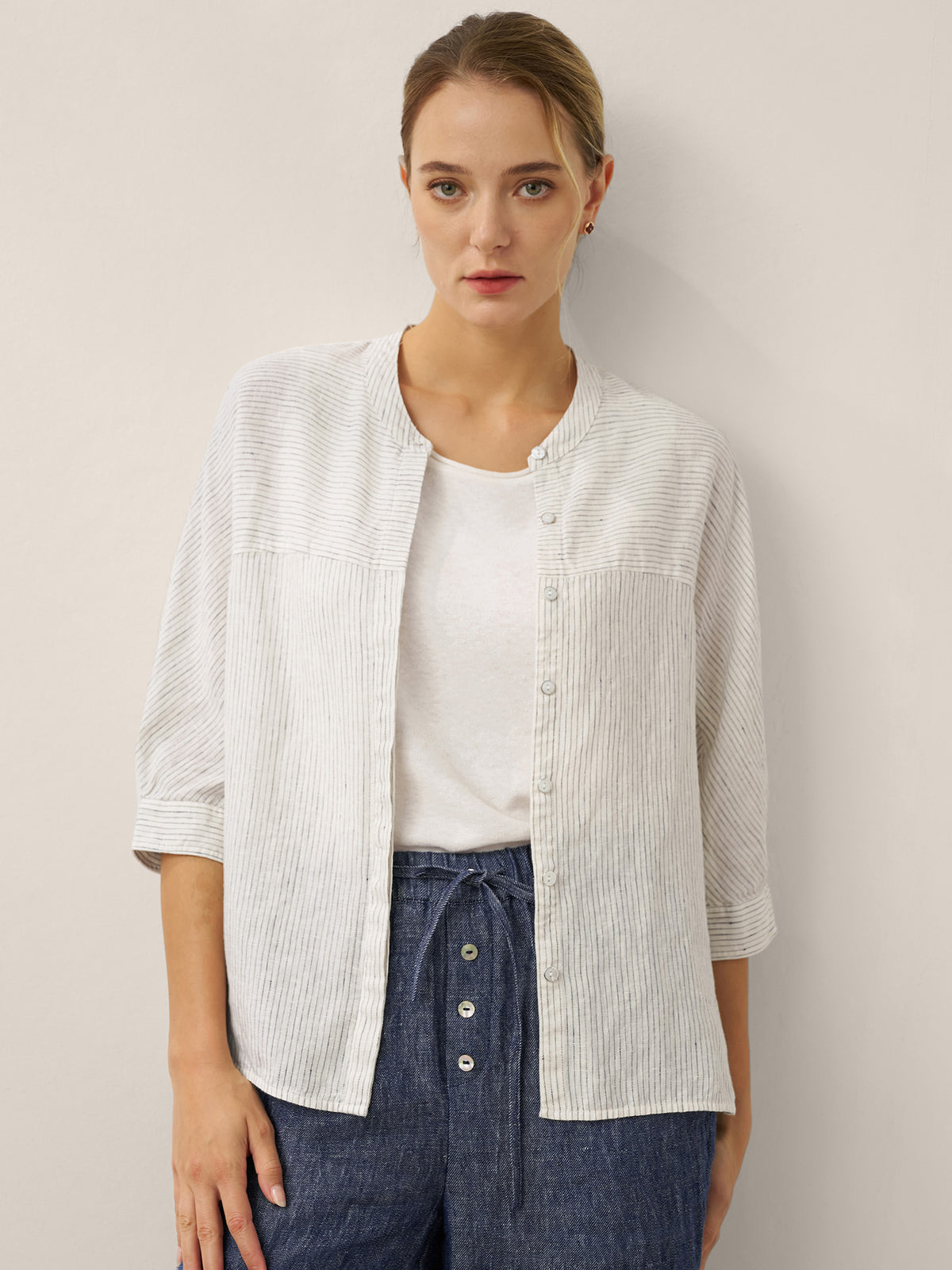 100% Linen Striped Three Quarter Sleeve Shirt SKYLAR