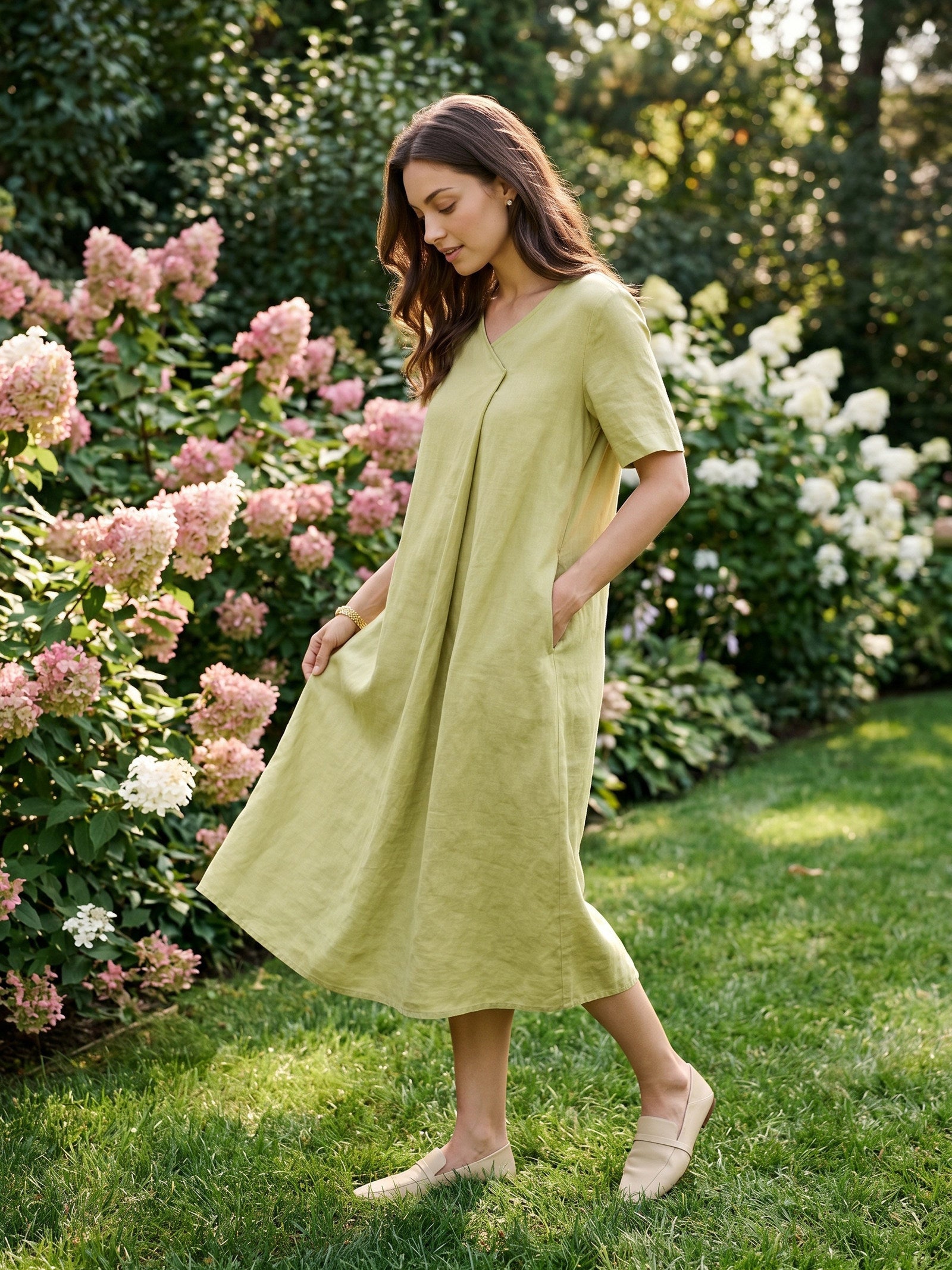 100% Linen Surplice Neck A Line Maxi Dress JUDITH, Sage Apple / M