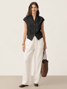 100% Linen Surplice Neck Elasticated Back Cropped Shirt VALERIA by LINTICO for women