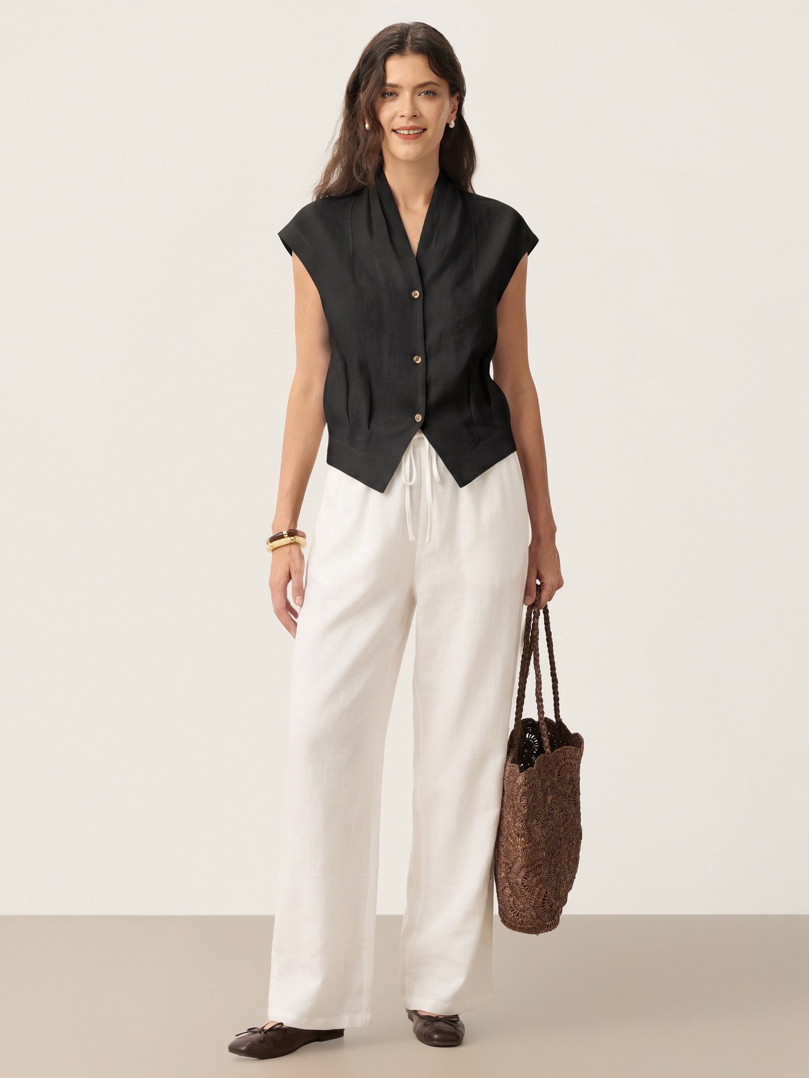 100% Linen Surplice Neck Elasticated Back Cropped Shirt VALERIA by LINTICO for women