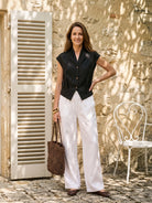 100% Linen Surplice Neck Elasticated Back Cropped Shirt VALERIA by LINTICO for women