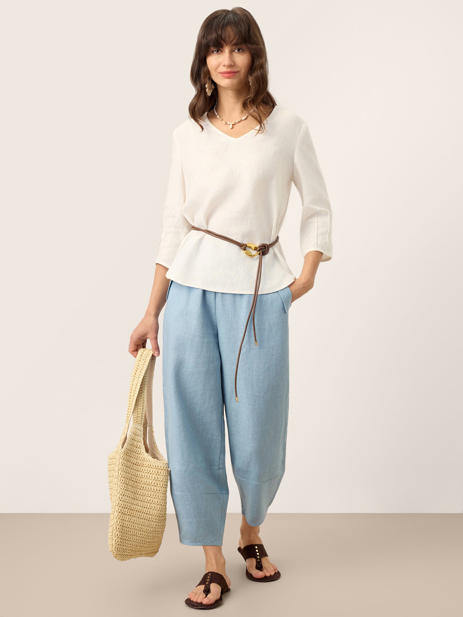 100% Linen Tapered Cropped Pull-On Trousers LORETTA