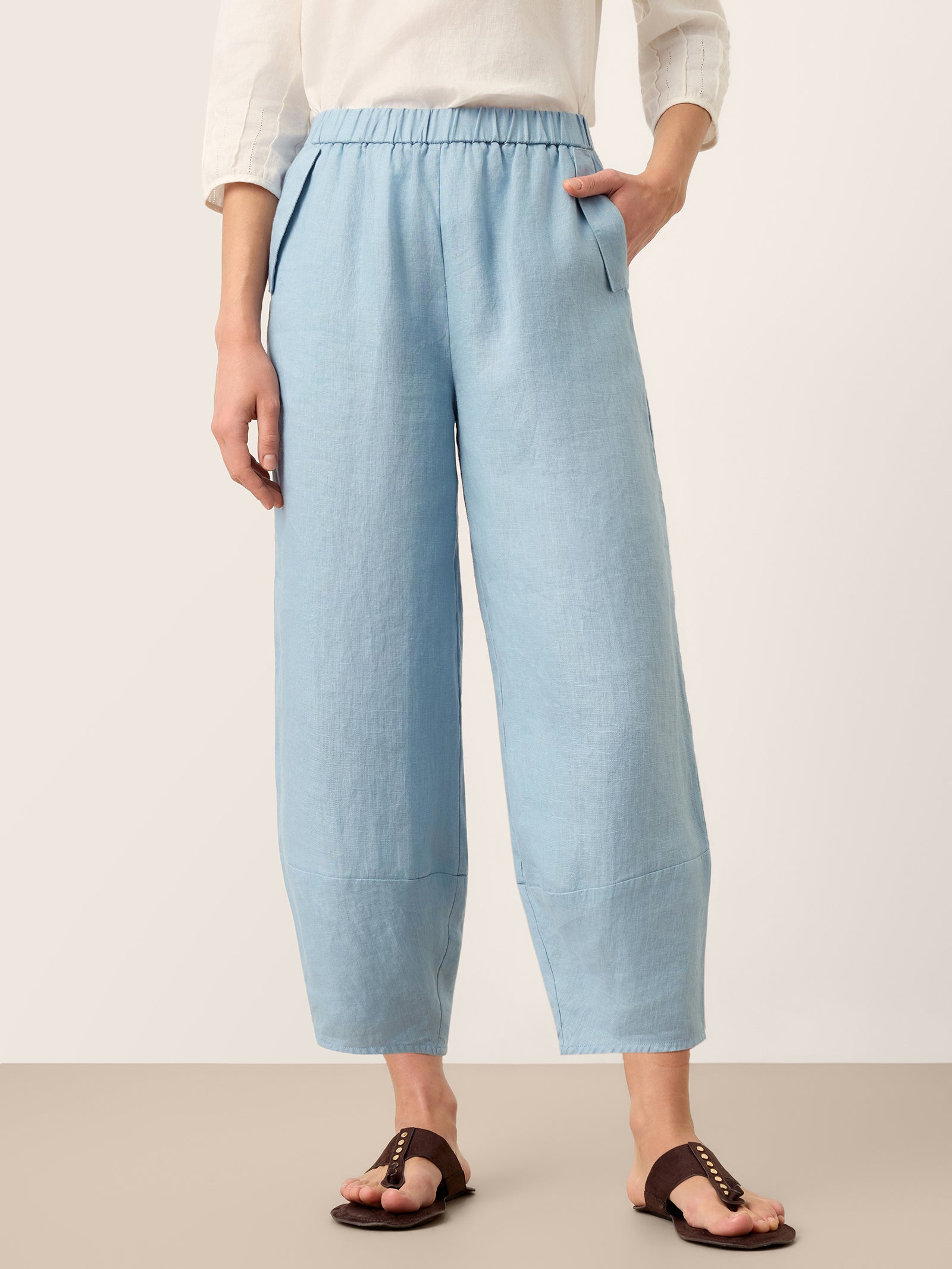 100% Linen Tapered Cropped Pull-On Trousers LORETTA