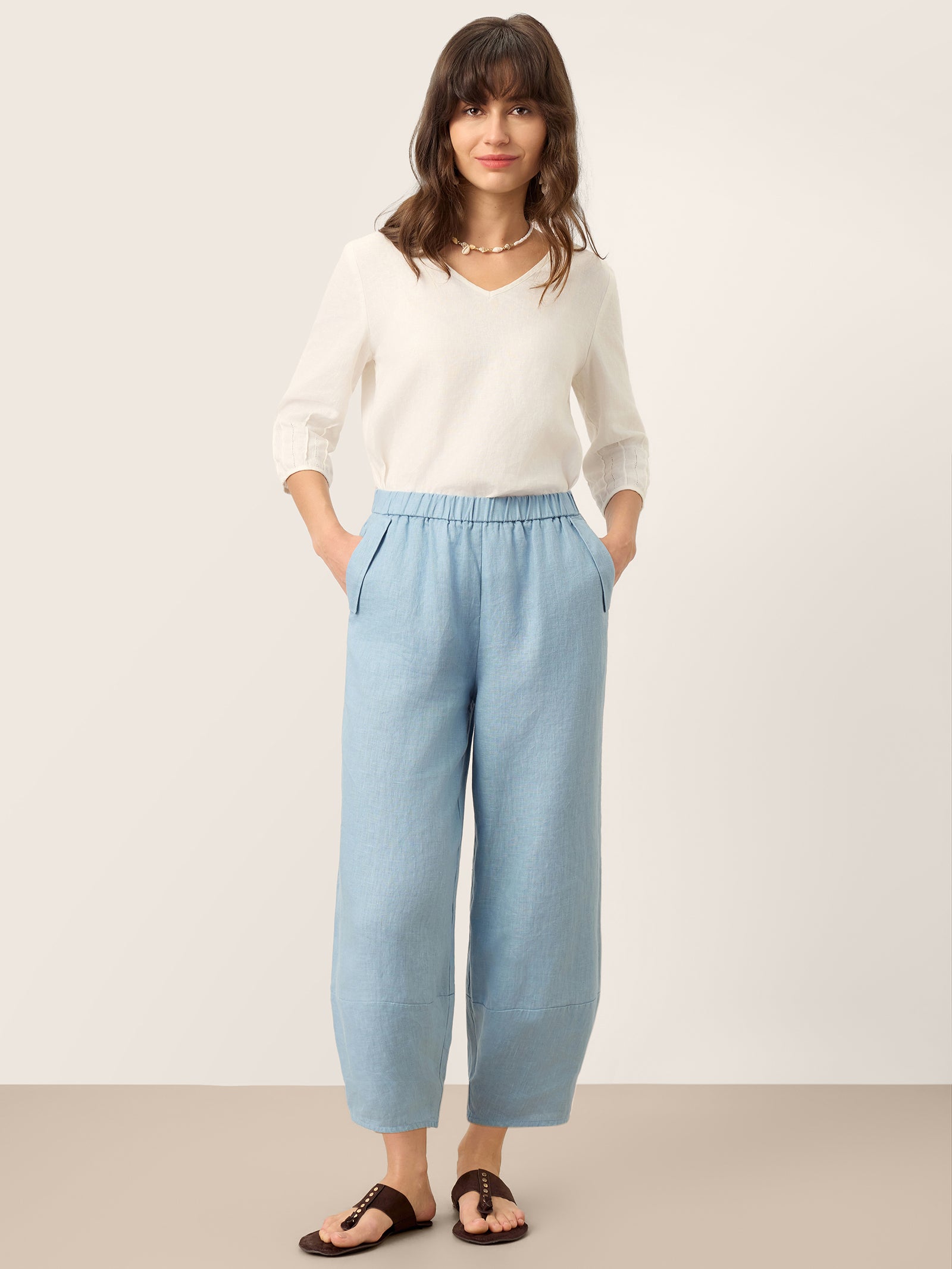 100% Linen Tapered Cropped Pull-On Trousers LORETTA