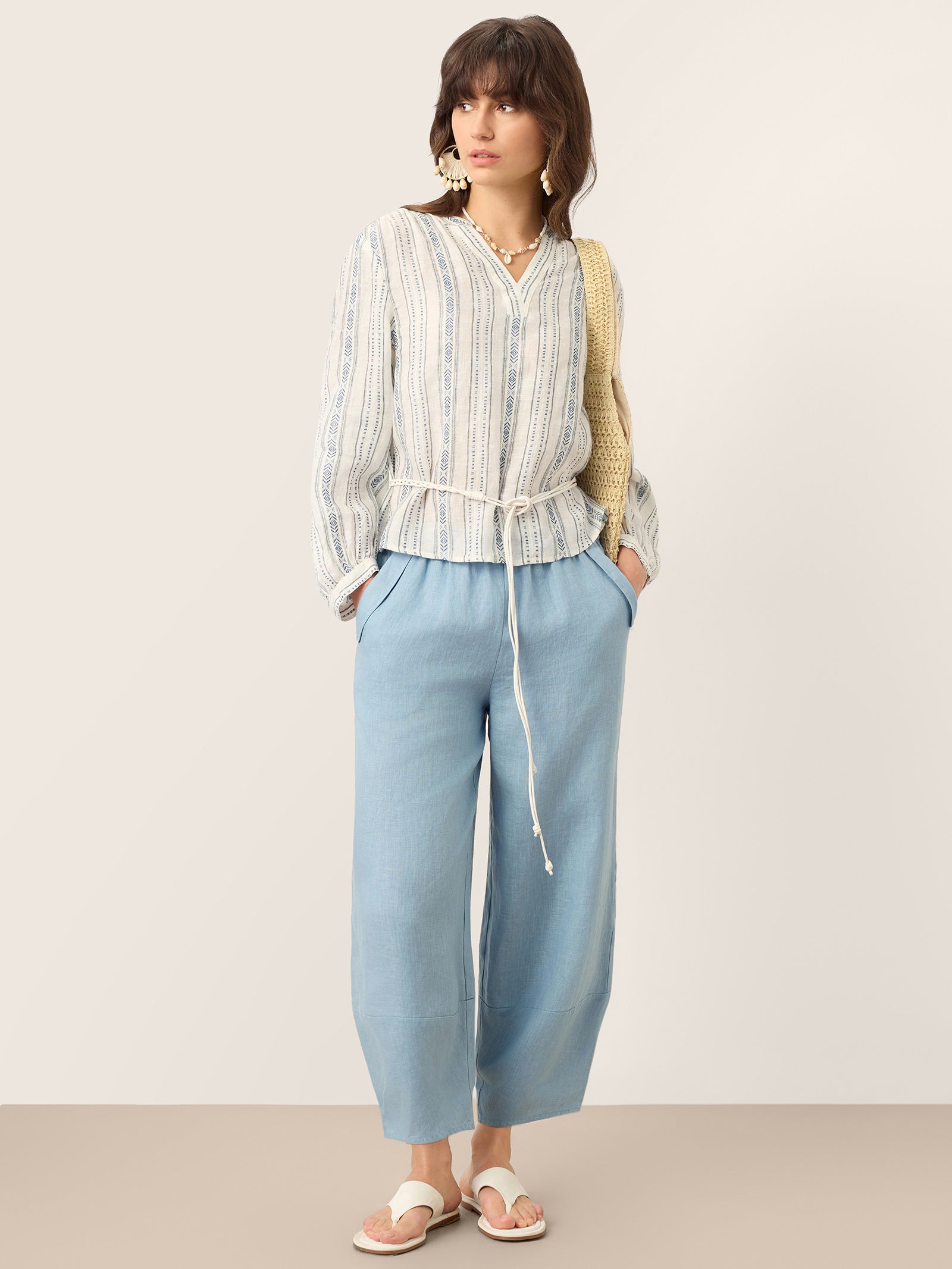 100% Linen Tapered Cropped Pull-On Trousers LORETTA