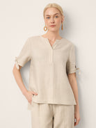 100% Linen Tie Cuff Notched V-Neck Top LORAN by LINTICO for women