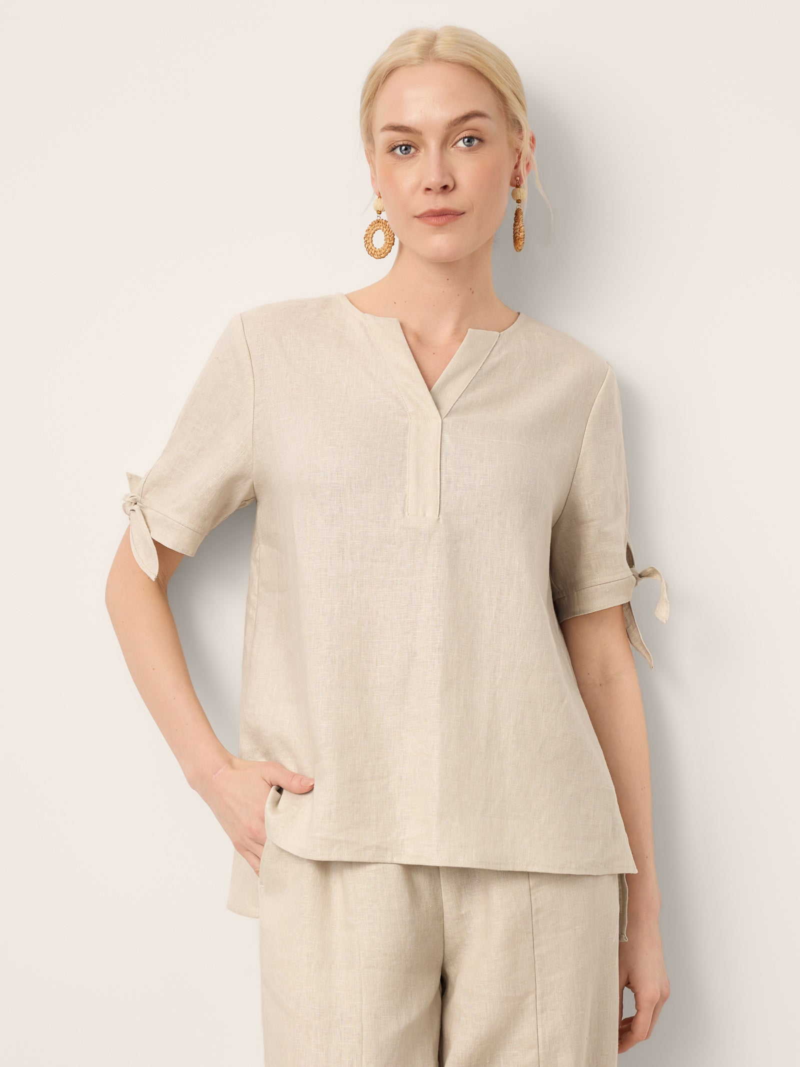 100% Linen Tie Cuff Notched V-Neck Top LORAN by LINTICO for women