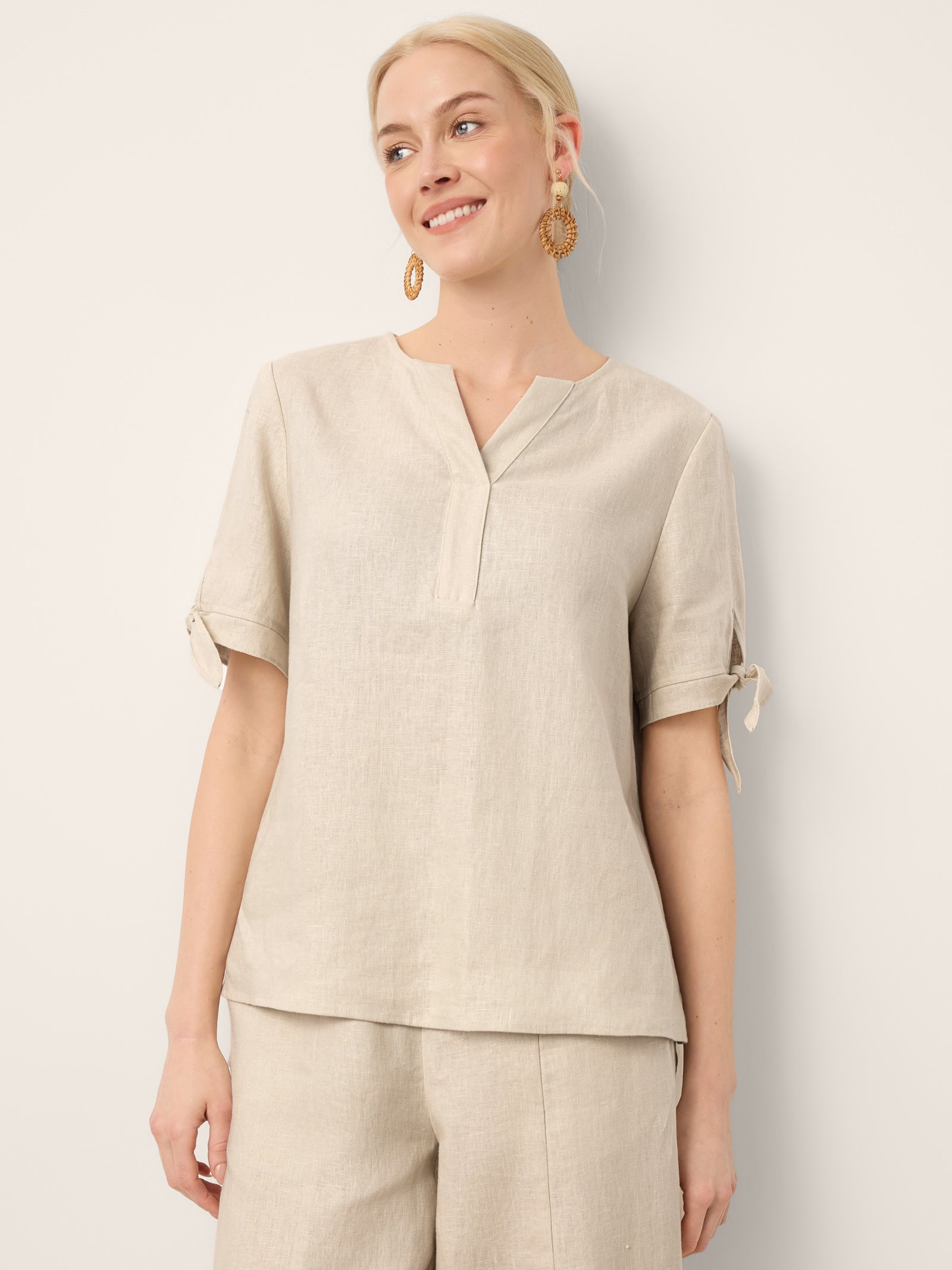 100% Linen Tie Cuff Notched V-Neck Top LORAN by LINTICO for women