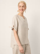 100% Linen Tie Cuff Notched V-Neck Top LORAN by LINTICO for women