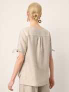 100% Linen Tie Cuff Notched V-Neck Top LORAN by LINTICO for women
