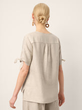 100% Linen Tie Cuff Notched V-Neck Top LORAN by LINTICO for women