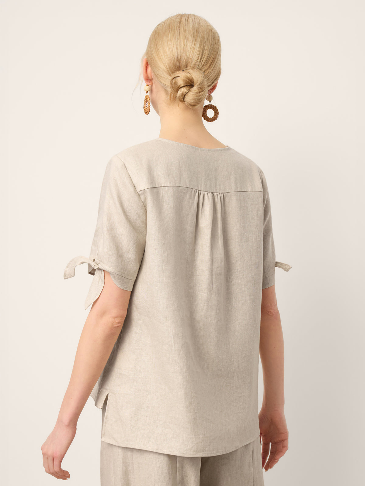 100% Linen Tie Cuff Notched V-Neck Top LORAN by LINTICO for women