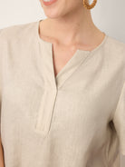 100% Linen Tie Cuff Notched V-Neck Top LORAN by LINTICO for women