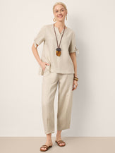 100% Linen Tie Cuff Notched V-Neck Top LORAN by LINTICO for women
