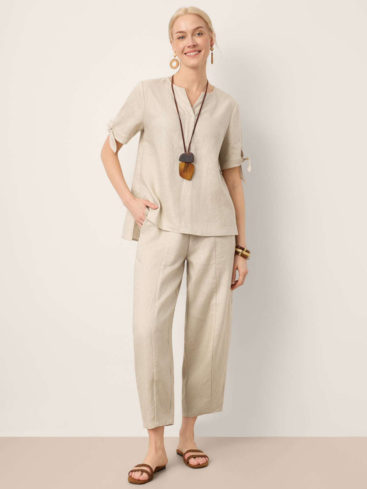 100% Linen Tie Cuff Notched V-Neck Top LORAN by LINTICO for women