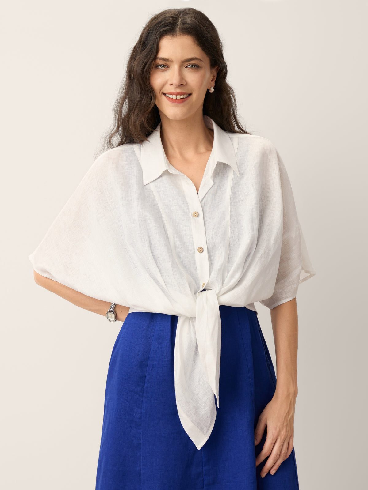 100% Linen Tie Hem Drop Shoulder Shirt XAVIERA by LINTICO for women