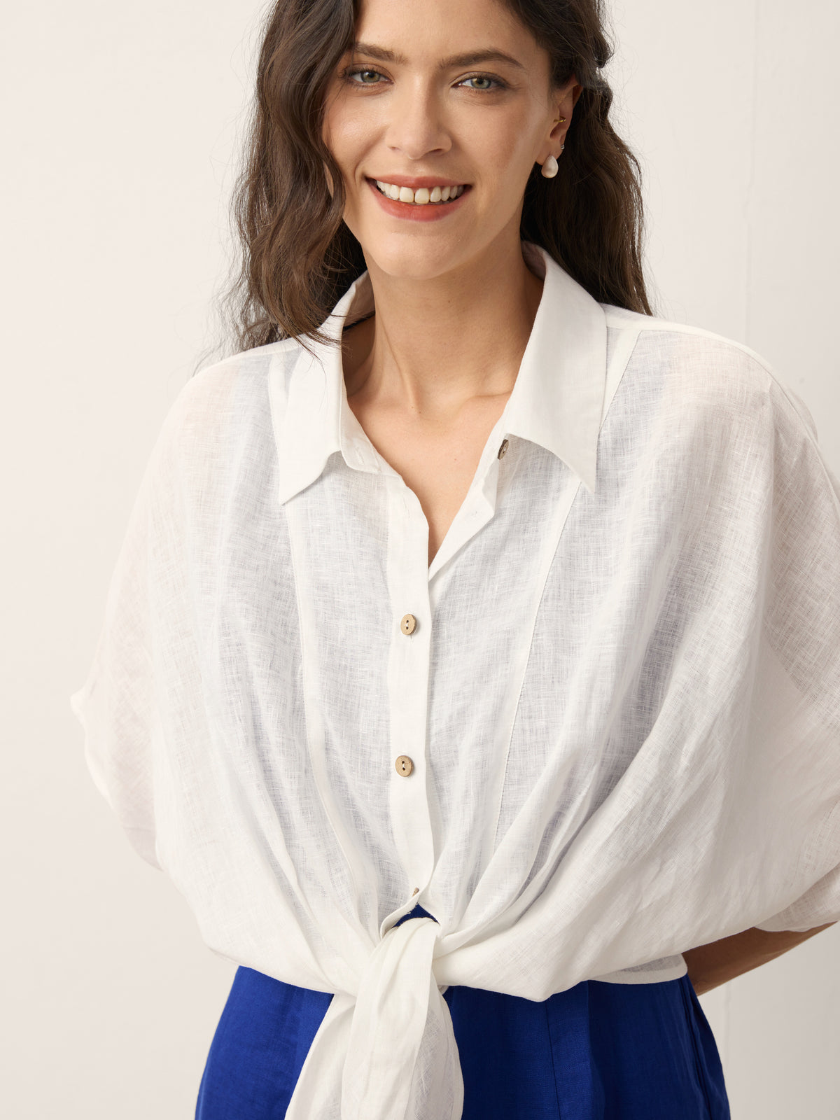 100% Linen Tie Hem Drop Shoulder Shirt XAVIERA by LINTICO for women