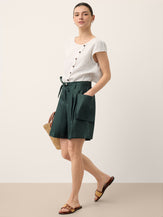 100% Linen Tie Waist Pleated Bermuda Shorts CADENCE by LINTICO for women