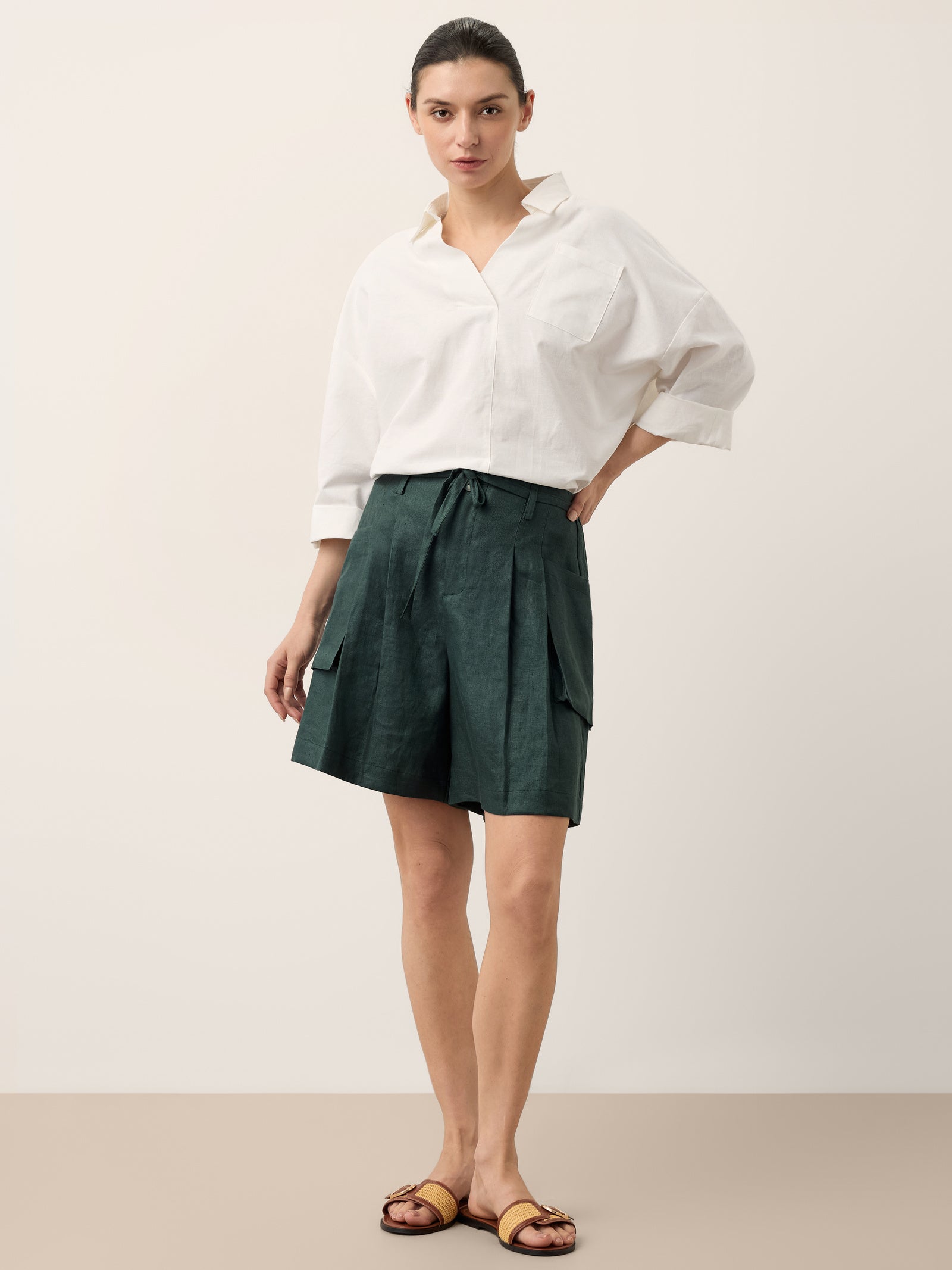 100% Linen Tie Waist Pleated Bermuda Shorts CADENCE by LINTICO for women