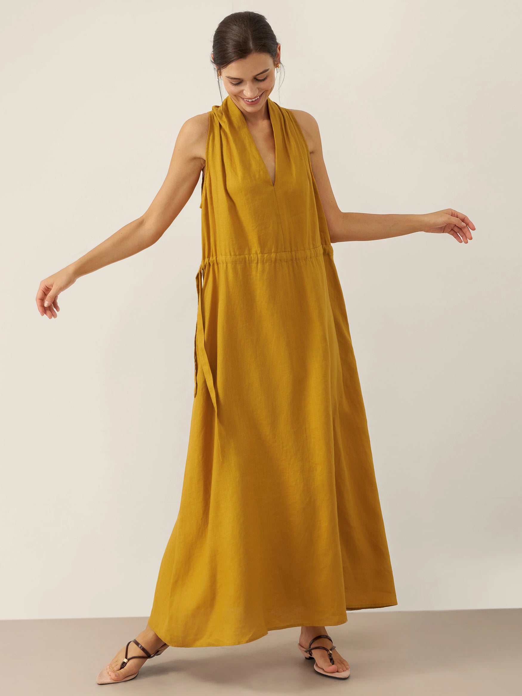 100% Linen V-Neck Halter Maxi Dress BETH by LINTICO for women