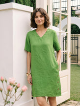 100% Linen Wood Button Elasticated Back Cocoon Mini Dress ROSALIND by LINTICO for women