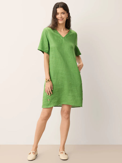 100% Linen Wood Button Elasticated Back Cocoon Mini Dress ROSALIND