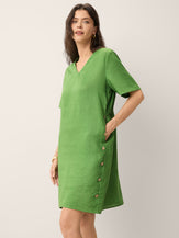 100% Linen Wood Button Elasticated Back Cocoon Mini Dress ROSALIND by LINTICO for women