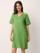 100% Linen Wood Button Elasticated Back Cocoon Mini Dress ROSALIND by LINTICO for women