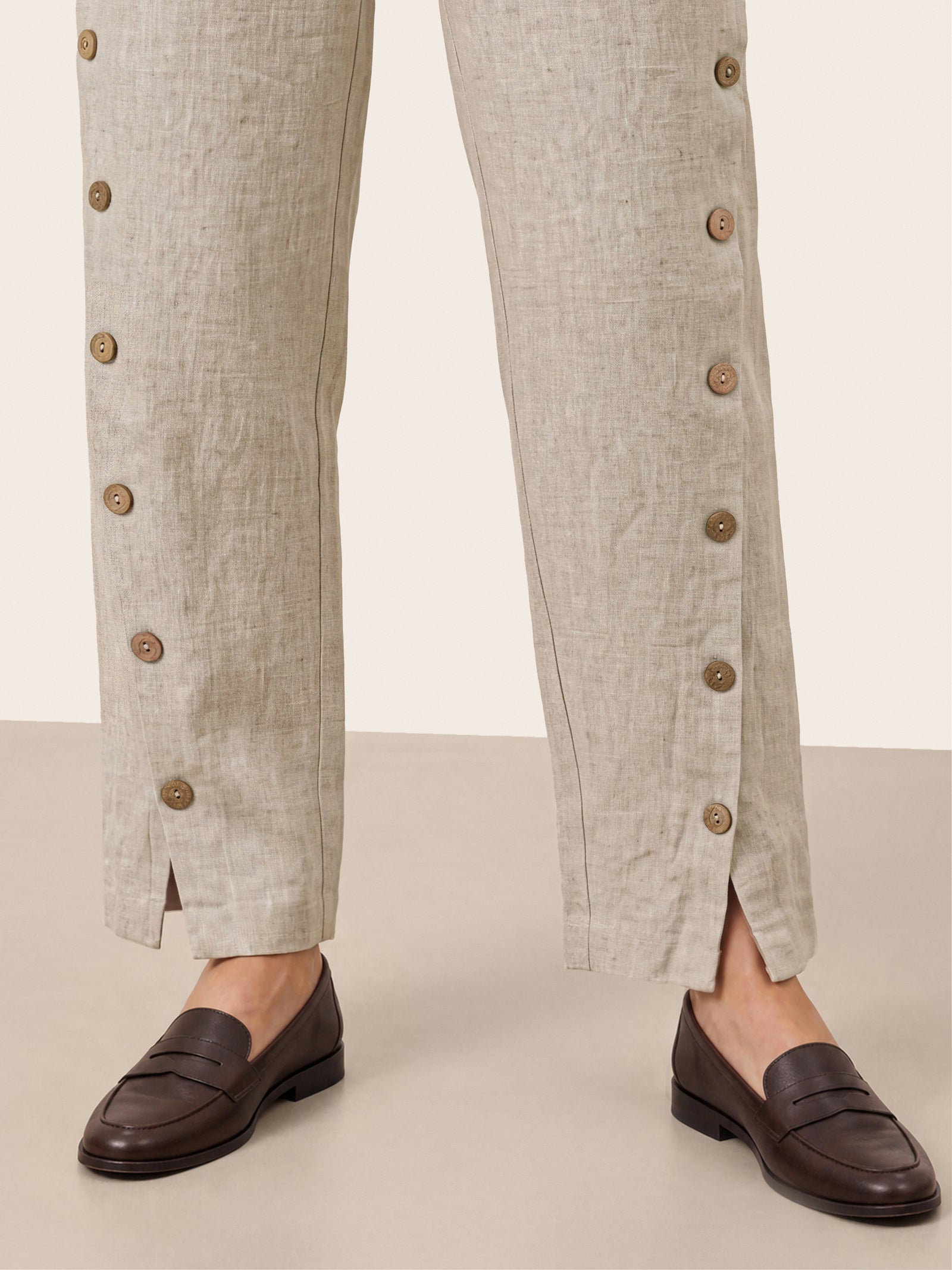 100% Linen Wood Button Slit Hem Ankle Pants ALBA by LINTICO