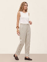 100% Linen Wood Button Slit Hem Ankle Pants ALBA by LINTICO