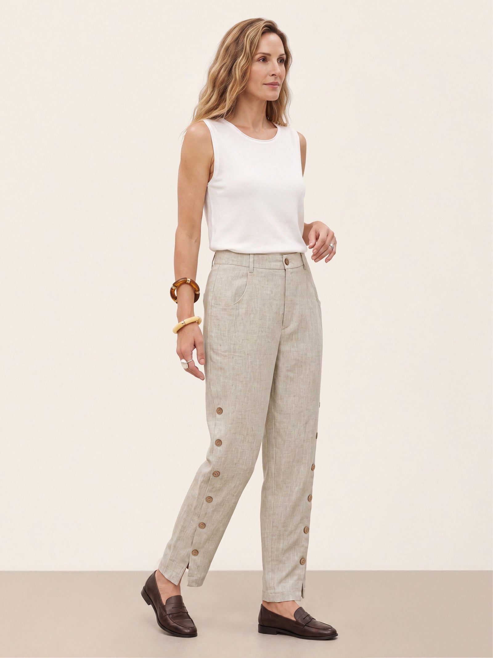 100% Linen Wood Button Slit Hem Ankle Pants ALBA by LINTICO