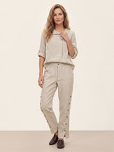 100% Linen Wood Button Slit Hem Ankle Pants ALBA by LINTICO