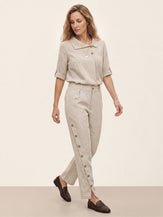 100% Linen Wood Button Slit Hem Ankle Pants ALBA by LINTICO