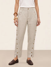 100% Linen Wood Button Slit Hem Ankle Pants ALBA by LINTICO