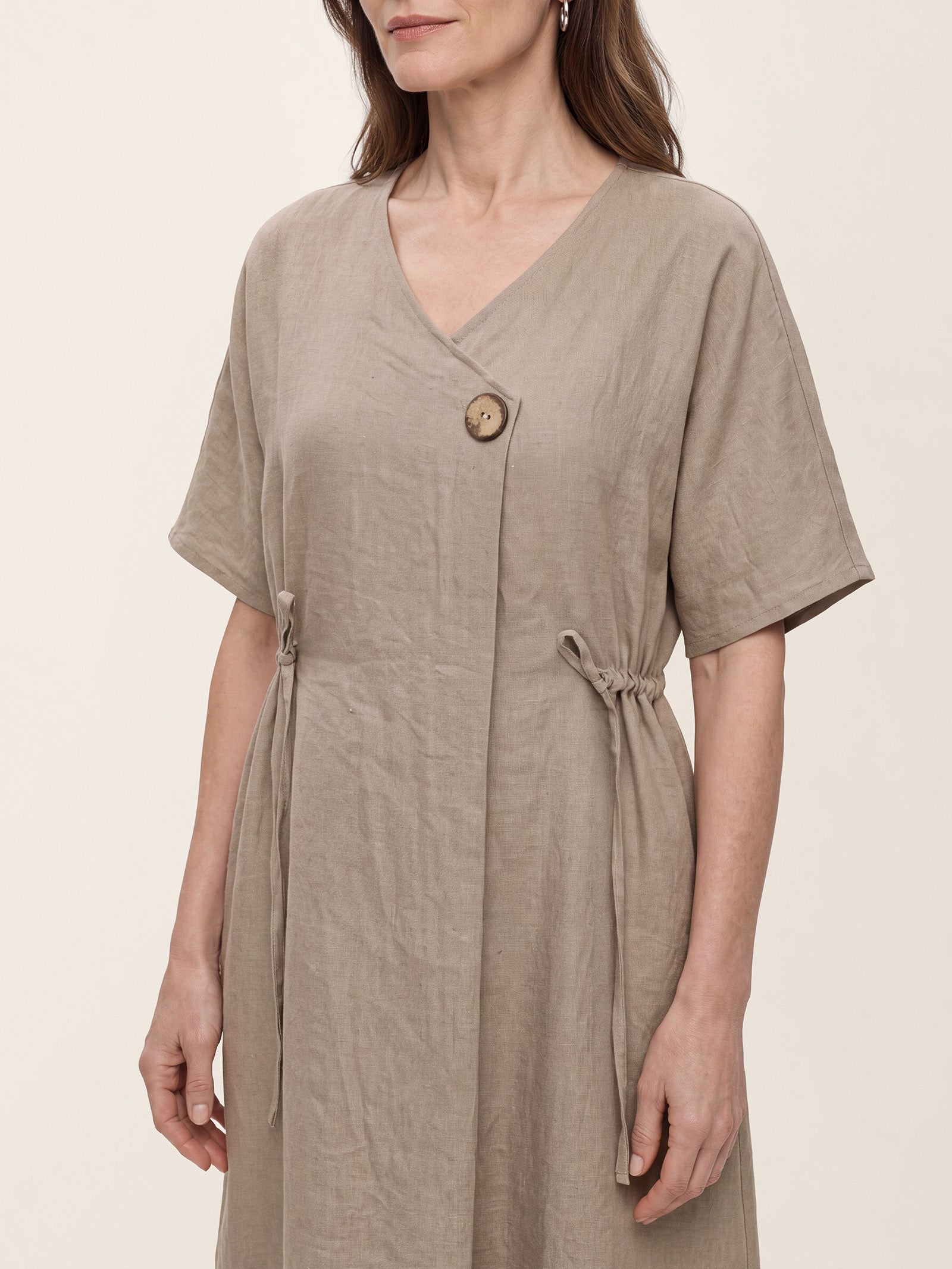 100% Linen Wrap Front Drawstring Waist Midi Dress MARIELLE by LINTICO
