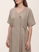 100% Linen Wrap Front Drawstring Waist Midi Dress MARIELLE by LINTICO