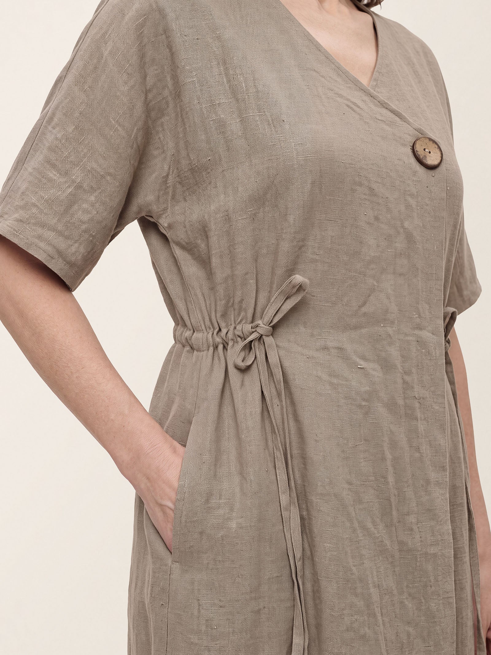 100% Linen Wrap Front Drawstring Waist Midi Dress MARIELLE by LINTICO