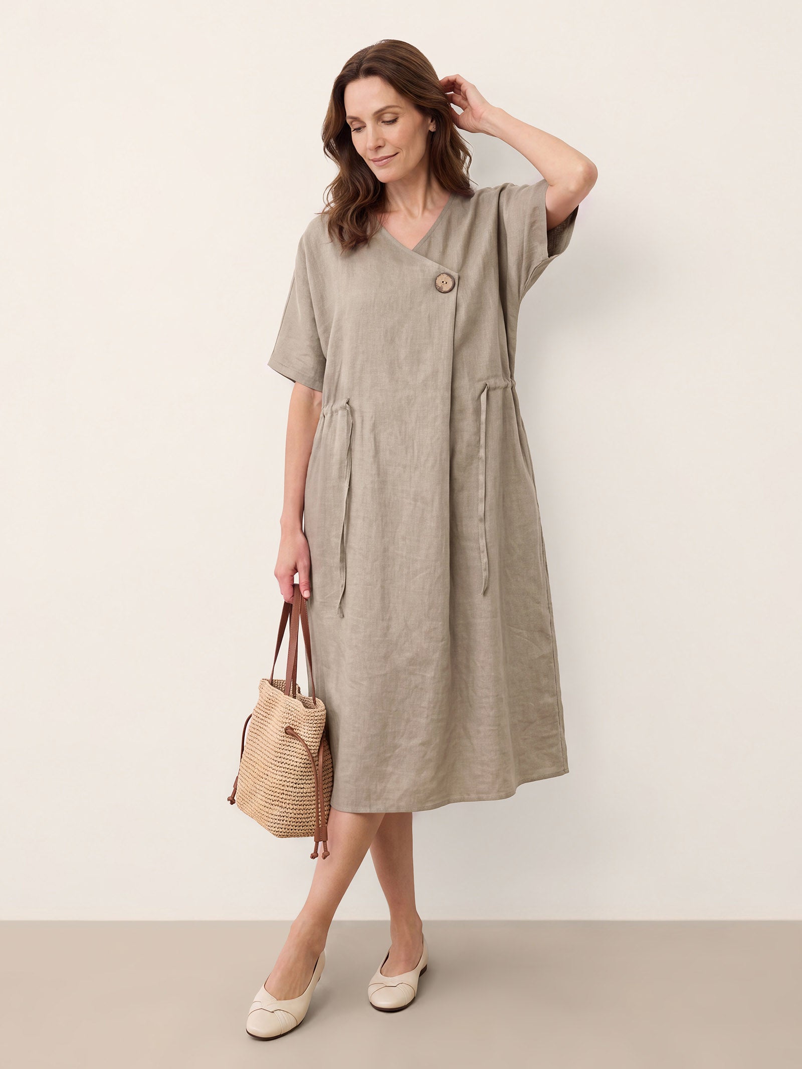 100% Linen Wrap Front Drawstring Waist Midi Dress MARIELLE by LINTICO