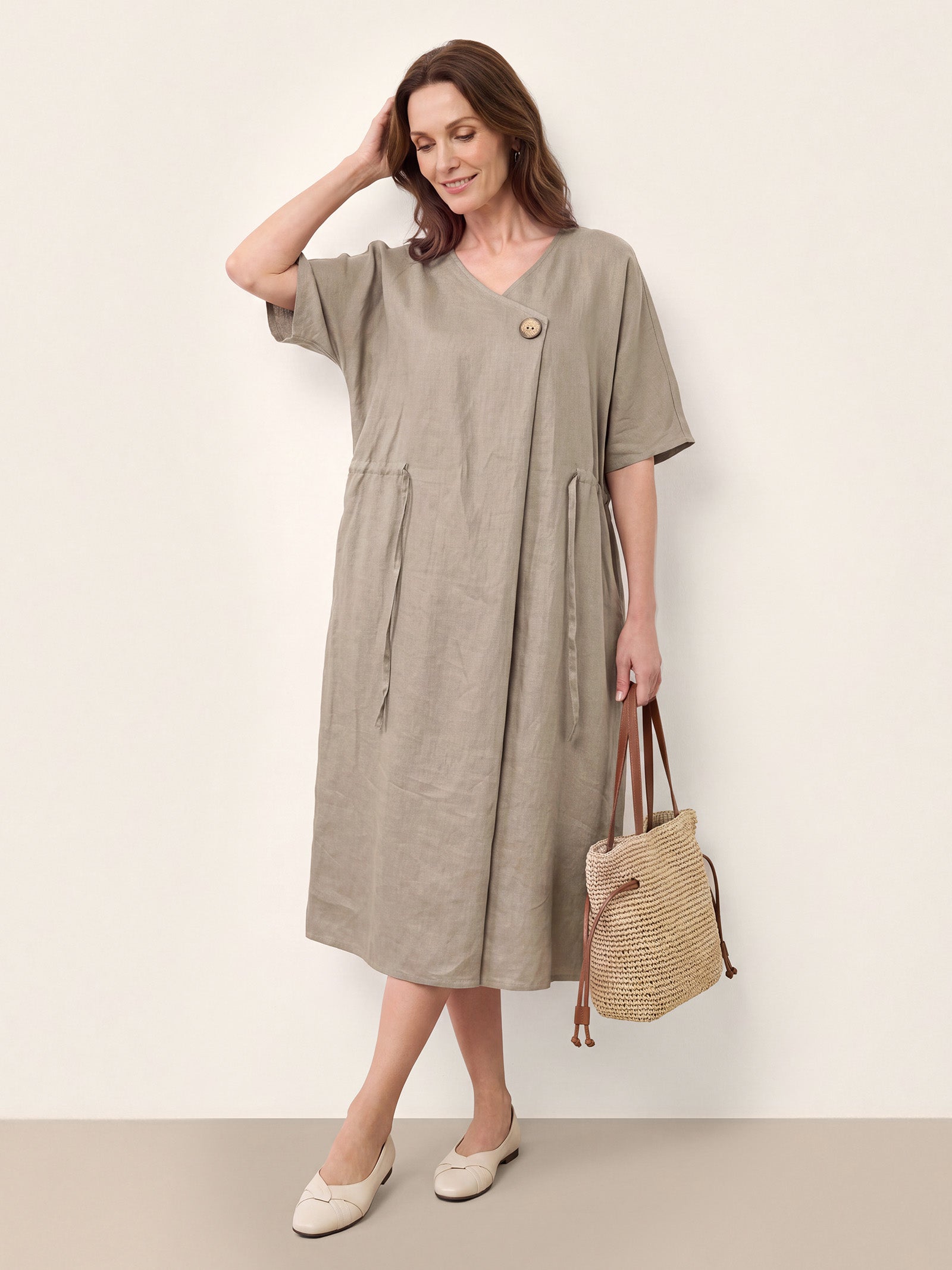 100% Linen Wrap Front Drawstring Waist Midi Dress MARIELLE by LINTICO